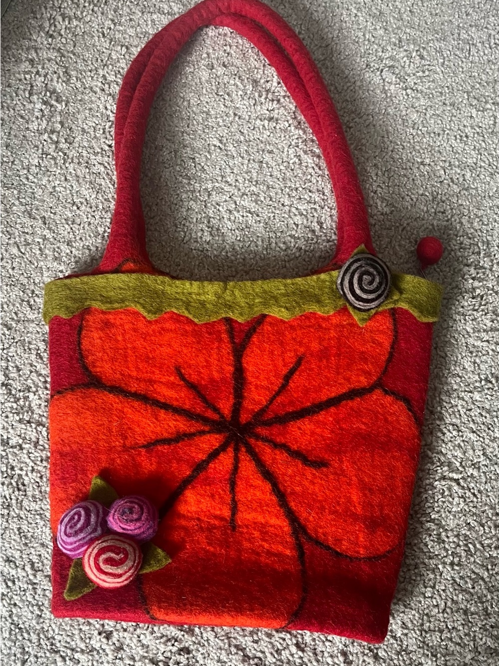 Handcrafted Felt Floral Tote Bag in Red and Orange